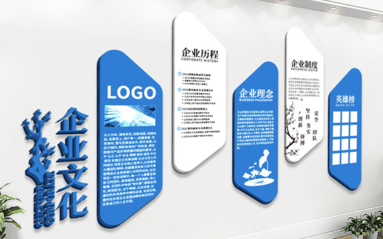 企業(yè)文化墻創(chuàng )意設計效果圖(圖2) 藍色公司企業(yè)發(fā)展歷程文化墻